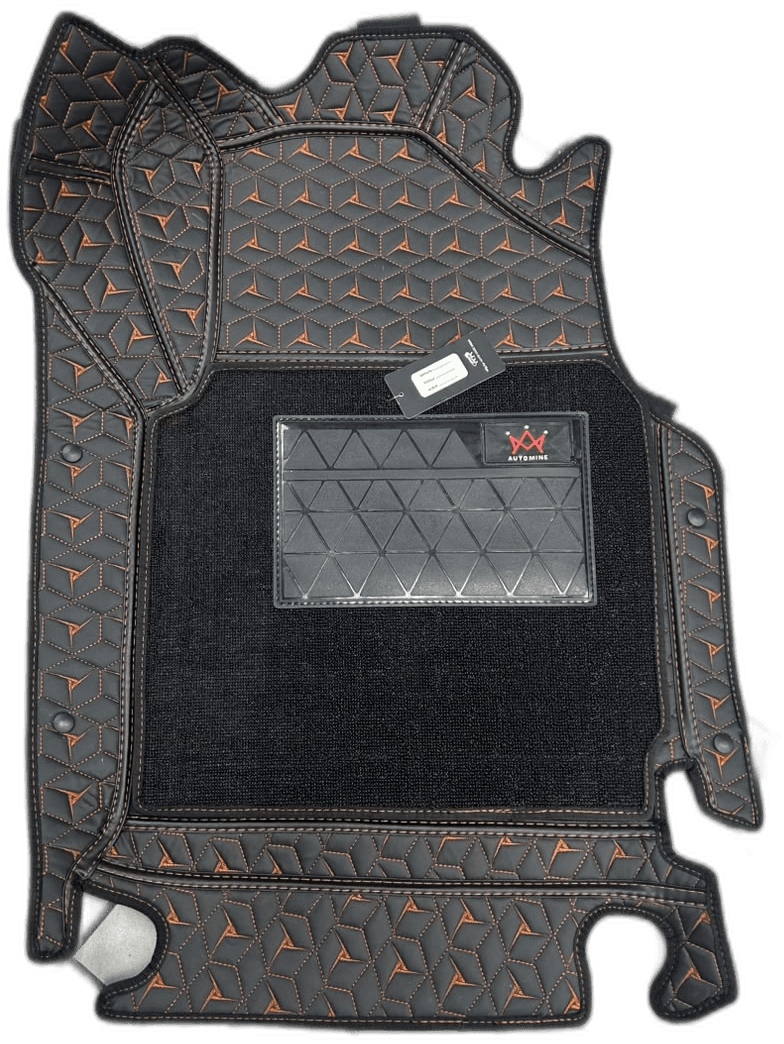 AM 7D Luxury Driver Side Car Floor Mat - Black with Orange Geometric Stitching